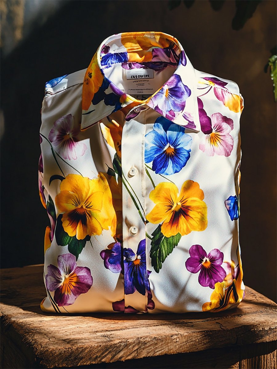 Camisa satén Luxe hawaiano estampado de manga corta Button para hombre