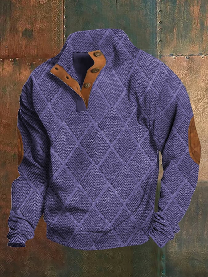 Sudadera retro estampado Stand cuello Button In Plush Fabric para hombre
