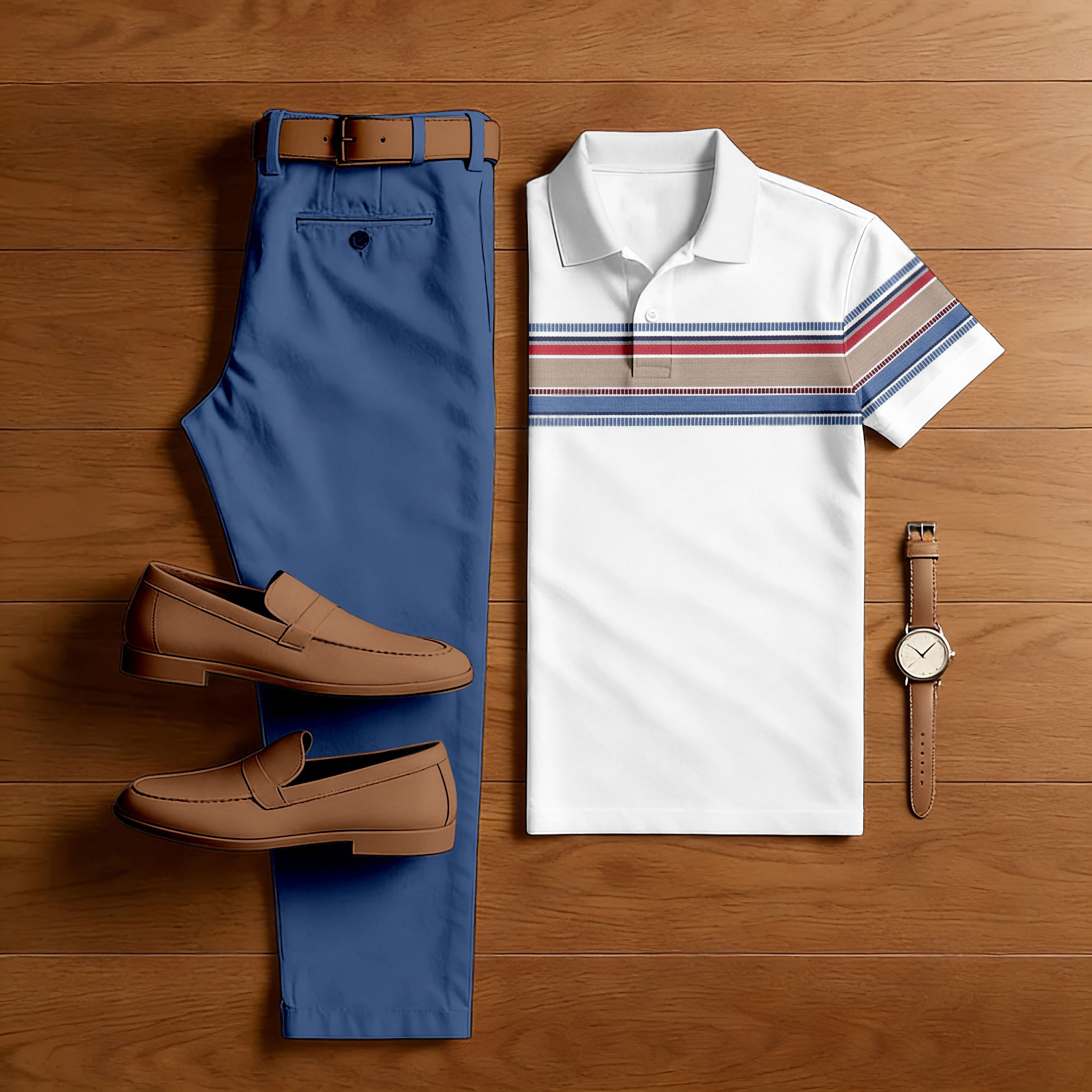 Conjunto de dos piezas casual White Geometry estampado camisa polo And pantalón para hombre