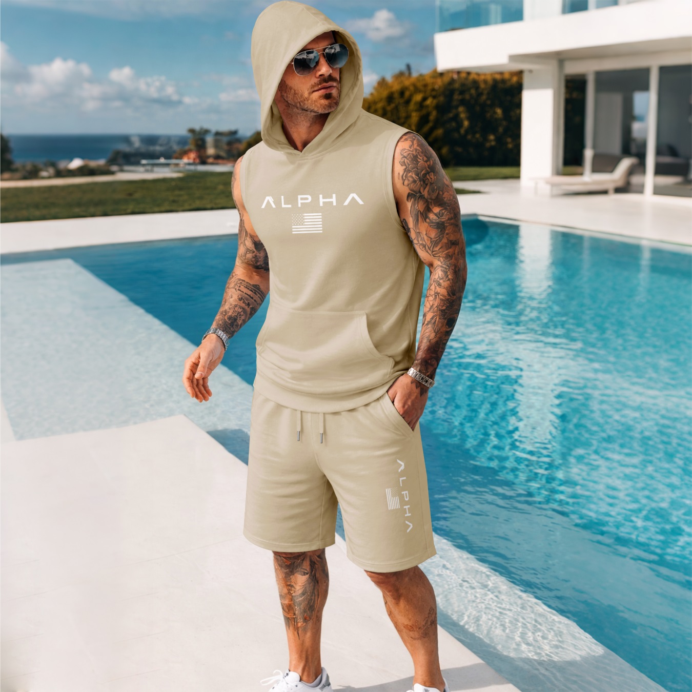 conjunto de dos piezas para hombre American Flag PrintHooded Tank Top & shorts Set, Regular Fitcasual Athletic de moda Activewear SleevelessTop & shorts, para hombre Summer Clothes