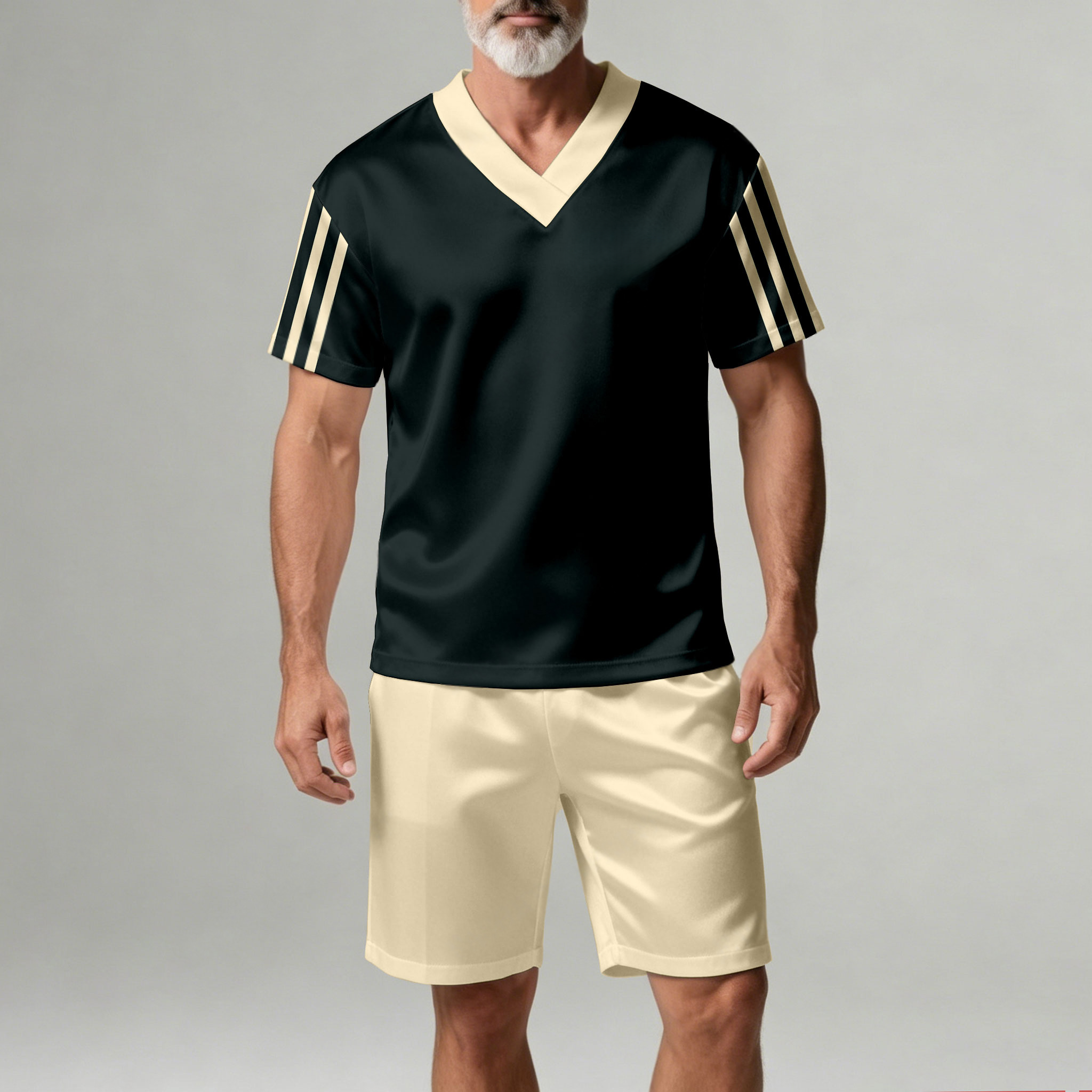 Conjunto de dos piezas casual Dark Green Geometric estampado V-Neck de manga corta camiseta And shorts para hombre