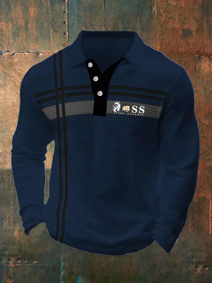 Camisa polo retro Lettering Design Waffle Fabric de manga larga para hombre