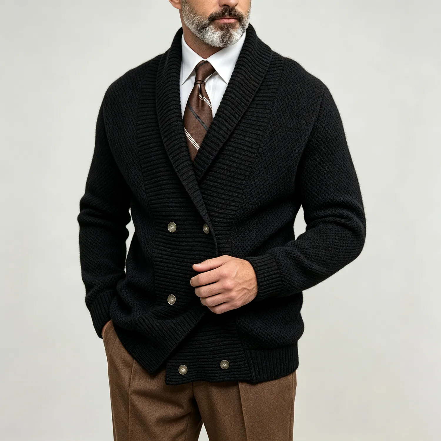 para hombre de color sólido Ribbed Shawl Collar Double-Breasted ejecutivo casual tejidoted Cardigan