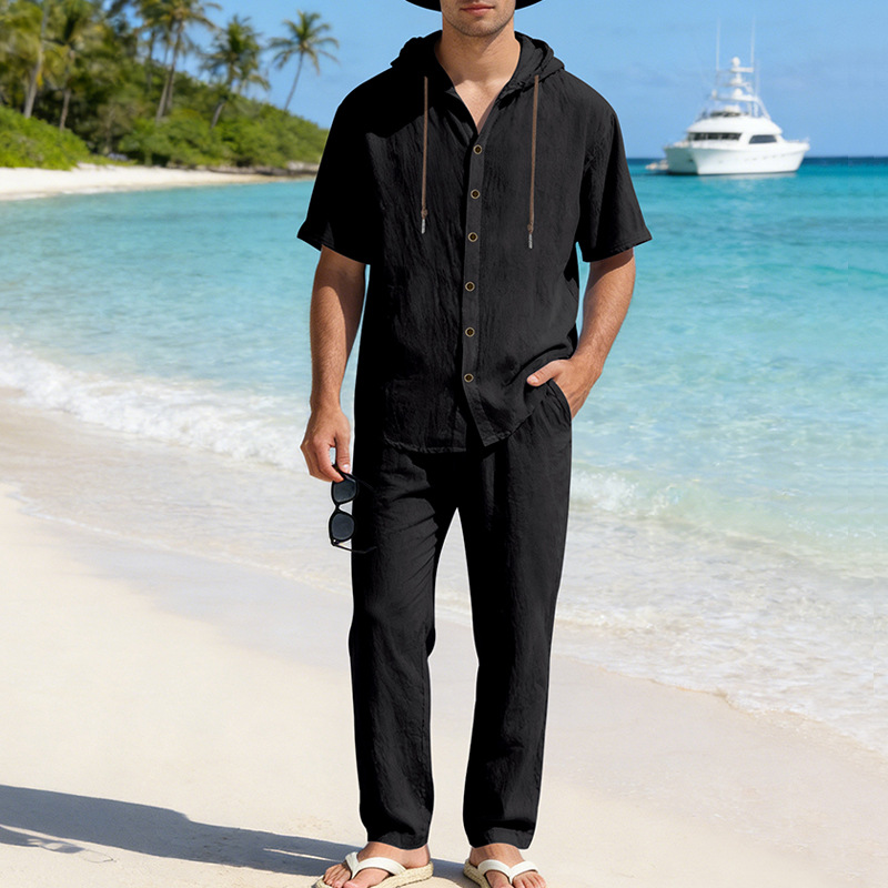 Conjunto de dos piezas de lino casual Hooded de manga corta camisa and holgado pantalón Set, Lightweight transpirable Summer Beach Vacation Outfit, Drawstring Relaxed Fit for para uso diario Wear Travel Resort Loungewear Comfortable elegante Summer Outfit para hombre