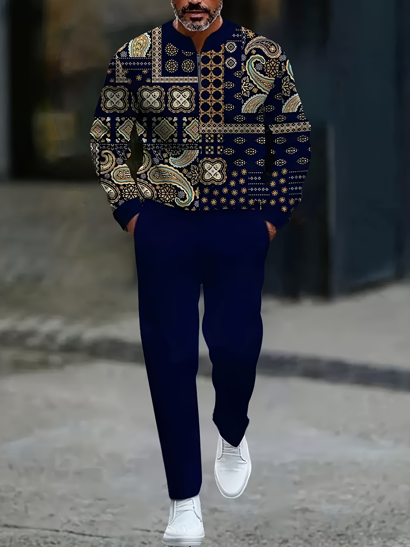 Conjunto de dos piezas casual Navy Blue Color Matching retro estampado Round-Neck Zipper de manga larga sudadera & Trousers para hombre