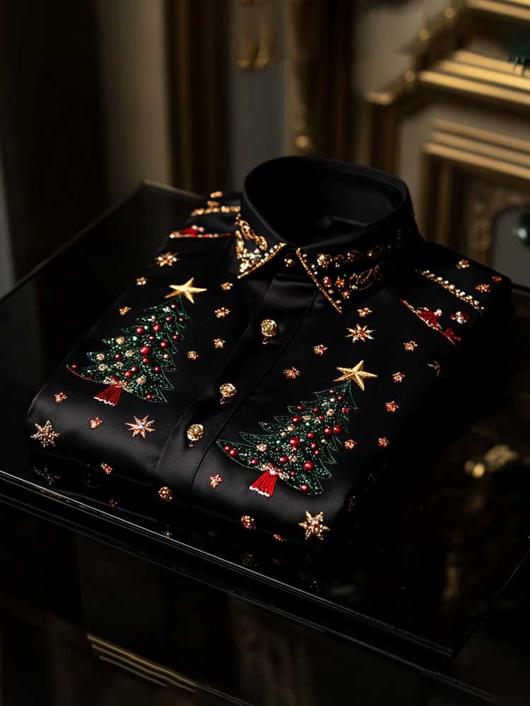 Camisa Christmas satén Luxe de manga larga con botones para hombre