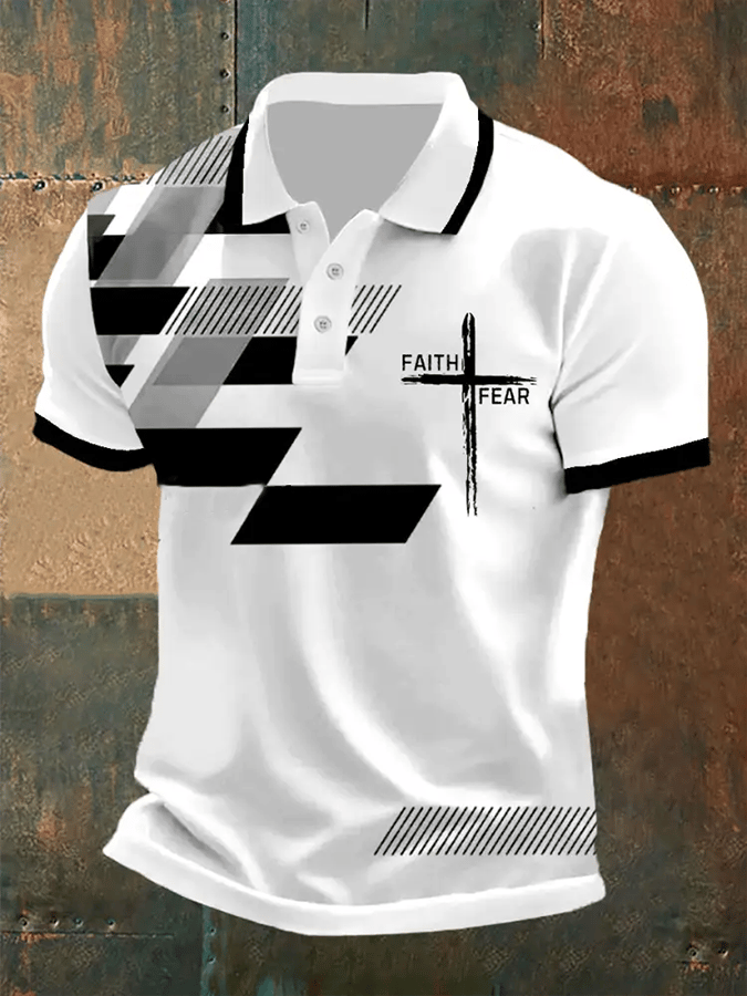 Camisa polo retro Faith “Faith Over Fear�? casual estampado para hombre