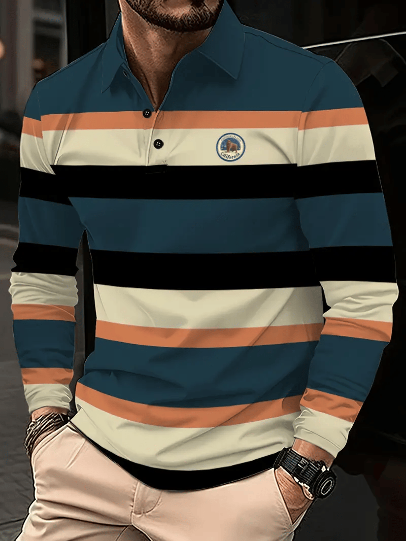 Camisa polo ejecutivo casual a rayas de manga larga para hombre