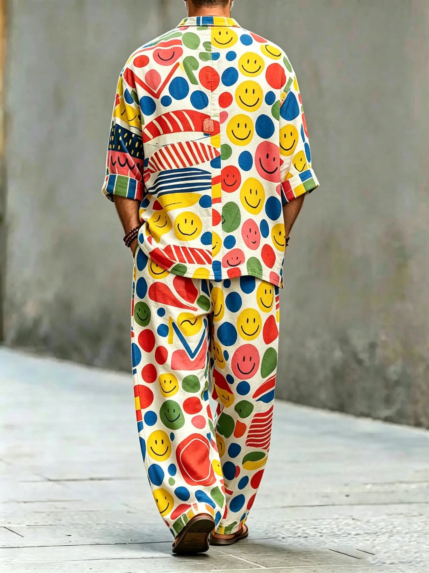 para hombre vintage Abstract Art estampado de algodón camisa Set (Top & pantalón)