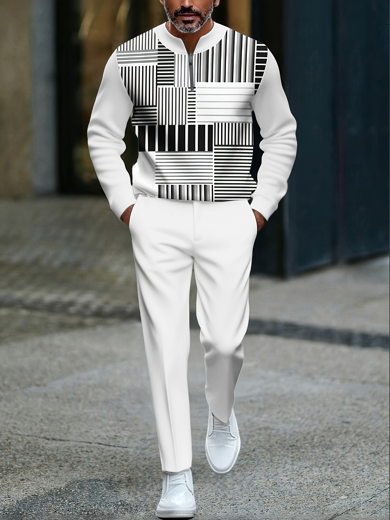 Conjunto de dos piezas casual Black And White Color Matching a rayas estampado Round-Neck Zipper de manga larga Trousers para hombre