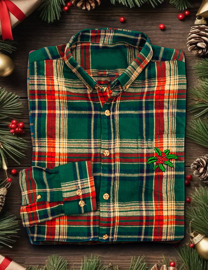 Camisa retro casual Christmas Art de manga larga para hombre