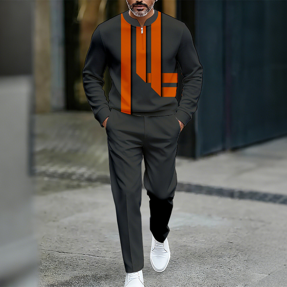 Conjunto de dos piezas casual Color Matching estampado Round-Neck Zipper de manga larga Trousers para hombre