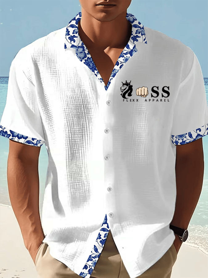 Camisa vintage Letter Design estampado casual Waffle para hombre