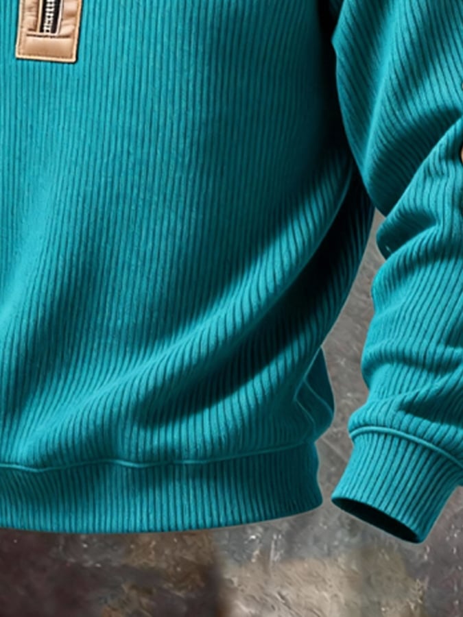 Sudadera casual retro Contrast Color Half Zip Stand cuello de manga larga para hombre
