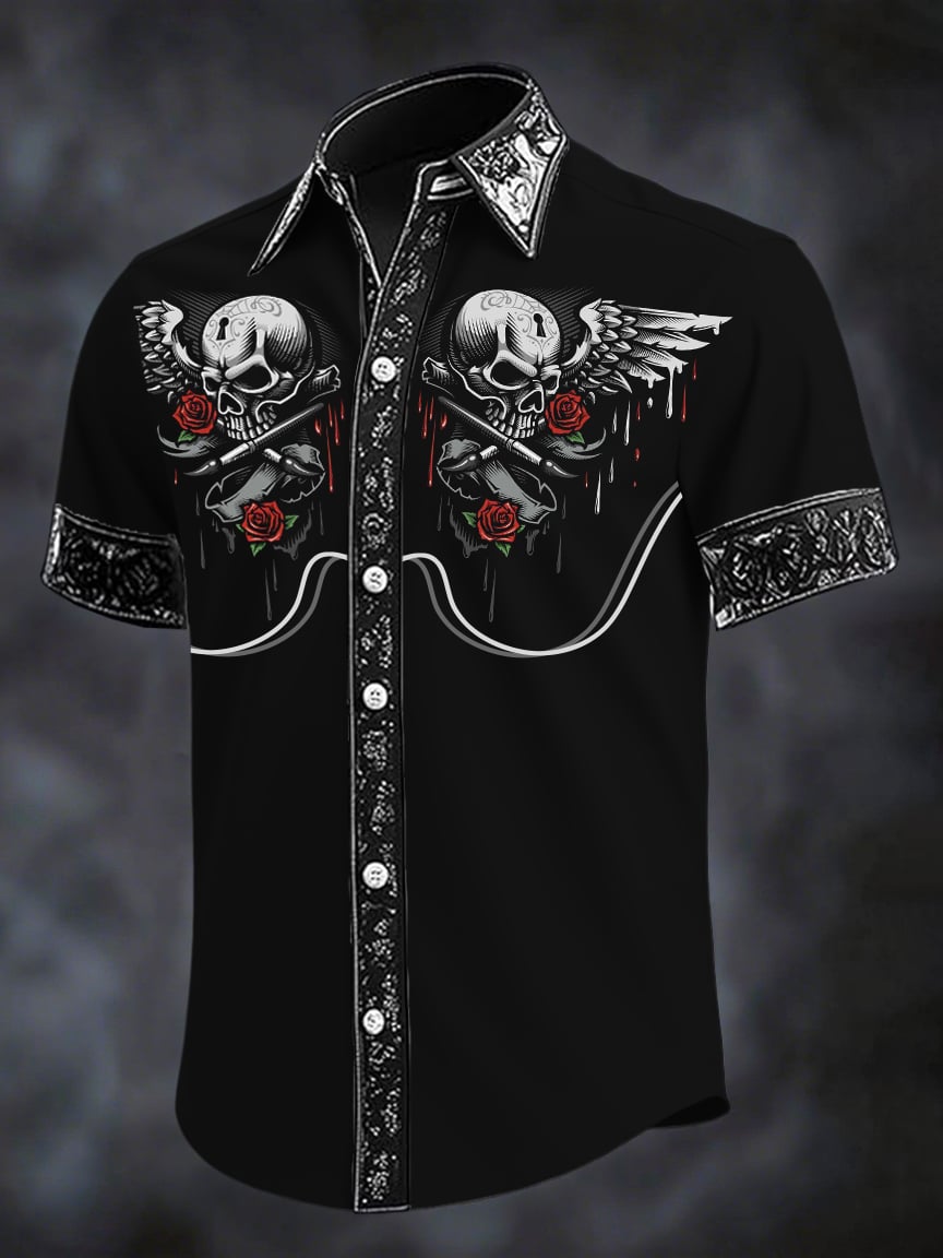 Camisa retro Western estampado de manga corta para hombre
