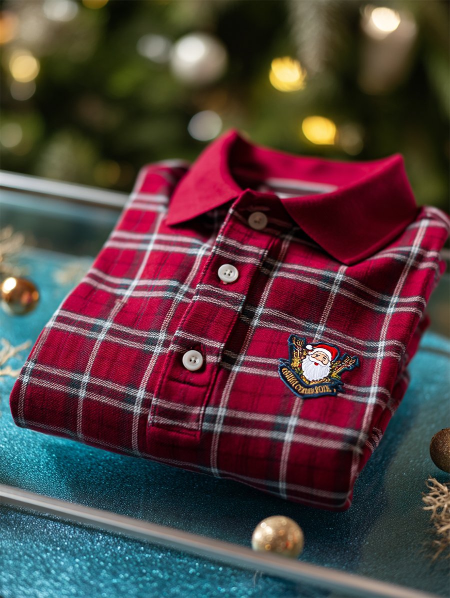 Camisa polo Christmas a cuadros de manga larga para hombre