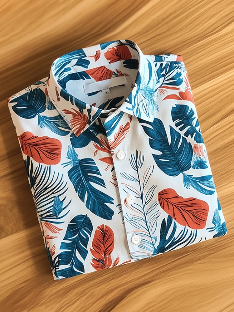 Camisa ejecutivo casual hawaiano Leaf solapa de manga corta para hombre