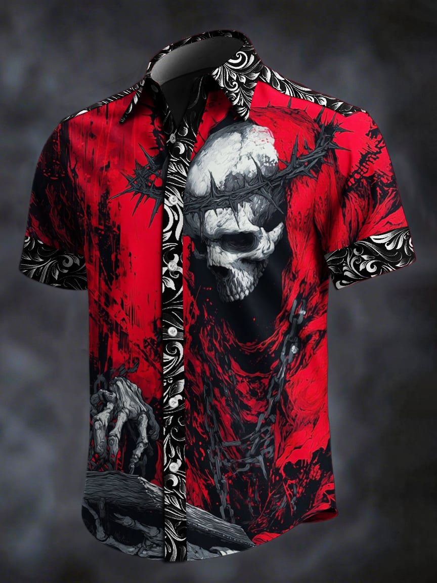 Camisa retro Skull estampado solapa de manga corta para hombre