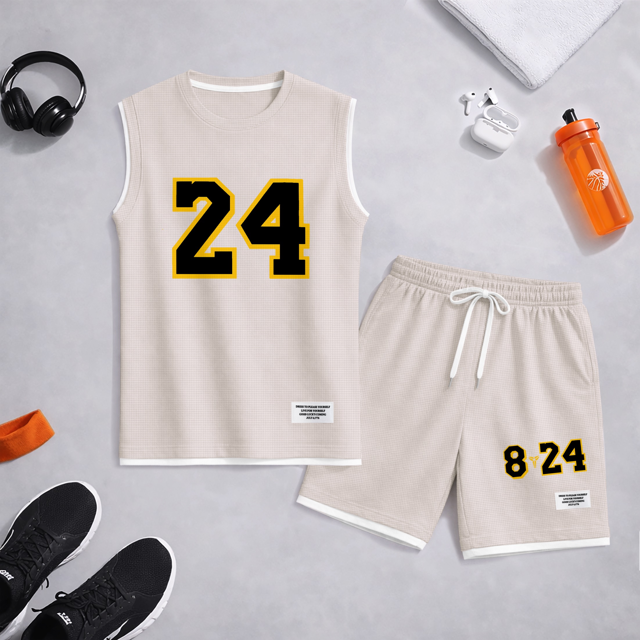 Shorts Number 24 Graphic estampado Summer Set Sleeveless Tank Top & Matching Outfit, Basketball Style Double Number estampado Lightweight casual Streetwear Athletic Set for Everyday & para trabajoout para hombre