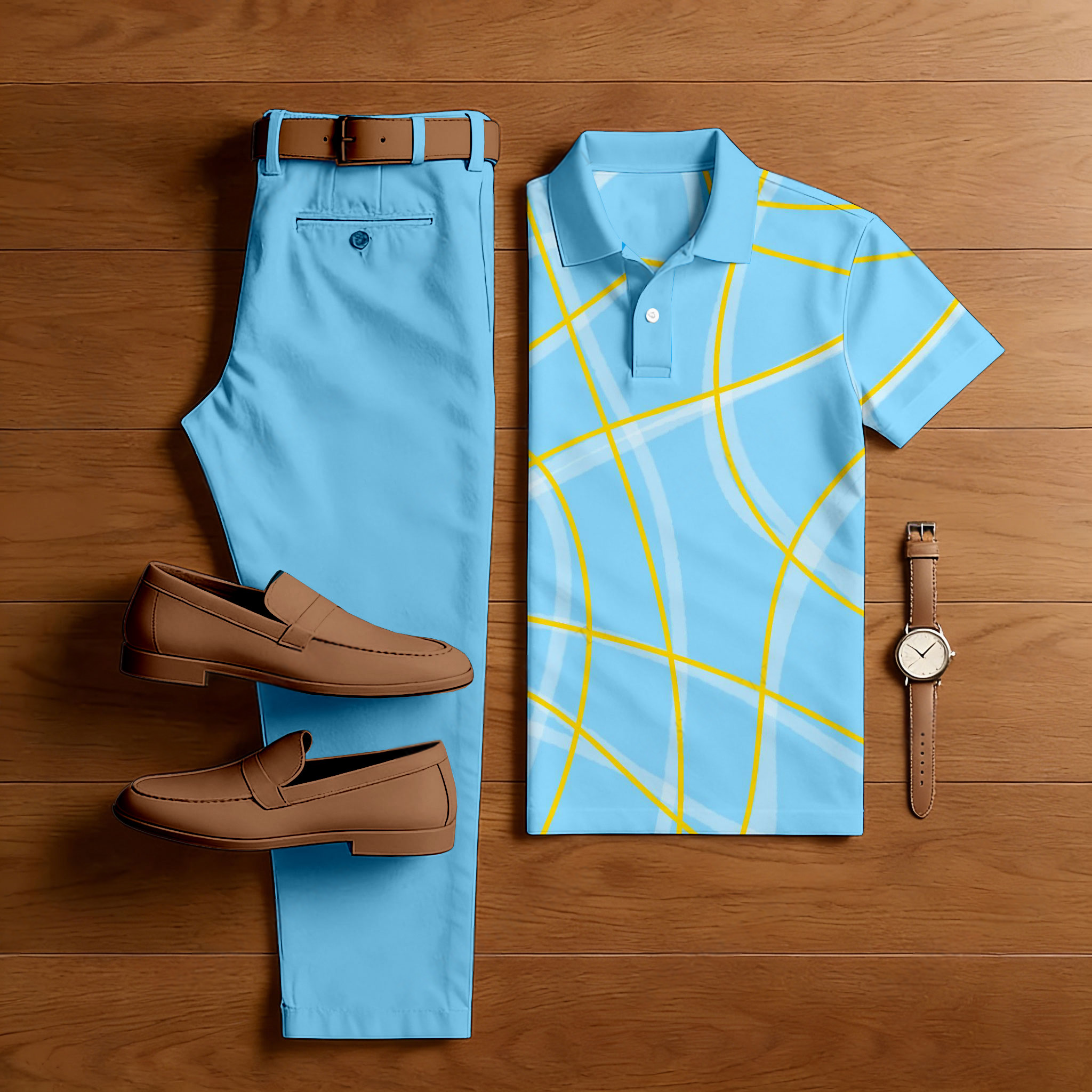 Conjunto de dos piezas casual Sky Blue estampado camisa polo And pantalón para hombre