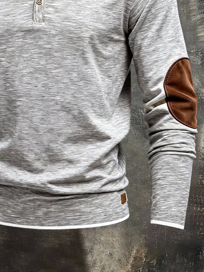 Camiseta Color-Block Patchpara trabajo Faux Two-Piece Henley Neck de manga larga para hombre