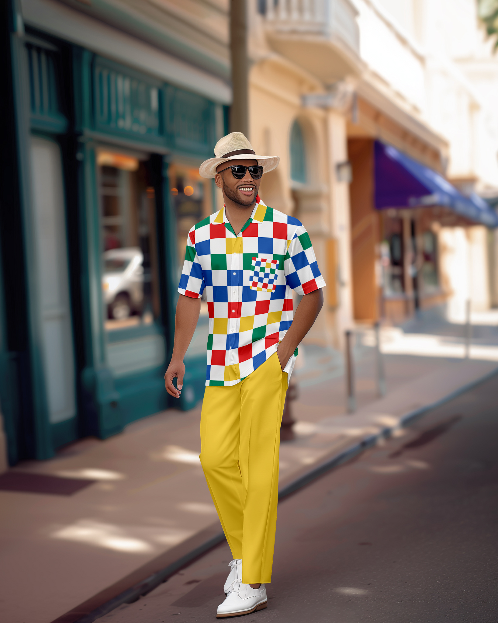 Camisa retro Colorblock de manga corta Walking Suit 1153 para hombre
