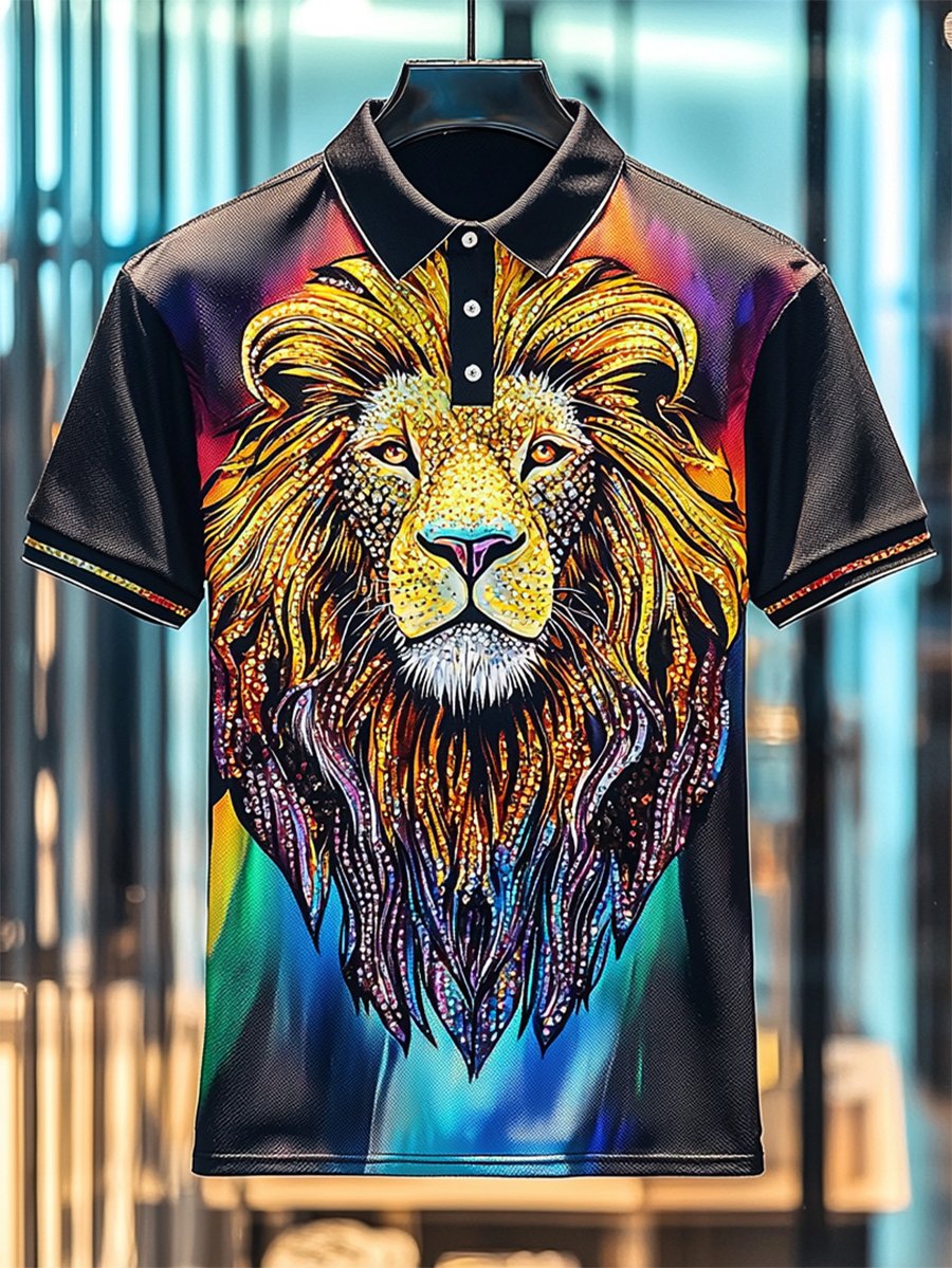 Camisa polo ejecutivo casual Lion estampado Button de manga corta para hombre