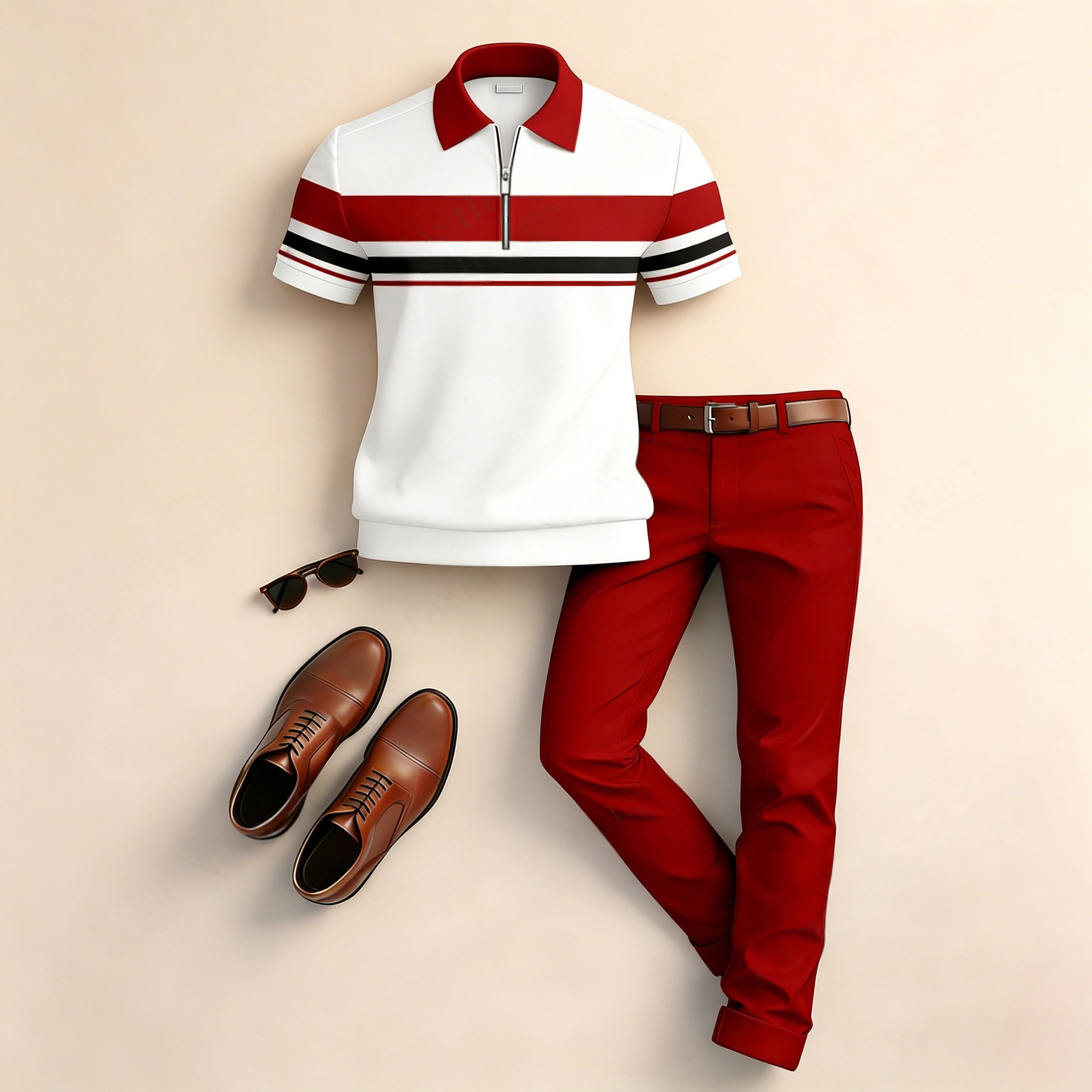 Conjunto de dos piezas casual Horizontal a rayas Patchpara trabajo estampado de manga corta camisa polo And pantalón para hombre