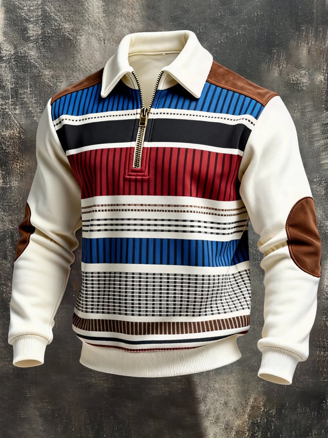 para hombre retro en bloques de color Print Color-Blocked con cierre Sweacamiseta