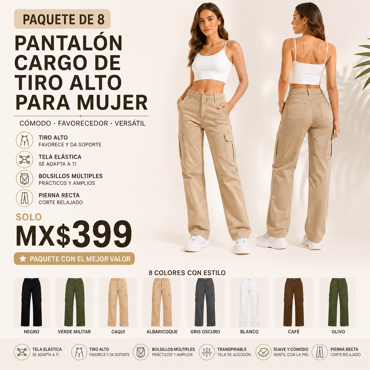 Pantalón cargo elástico de tiro alto para mujer · vista 1