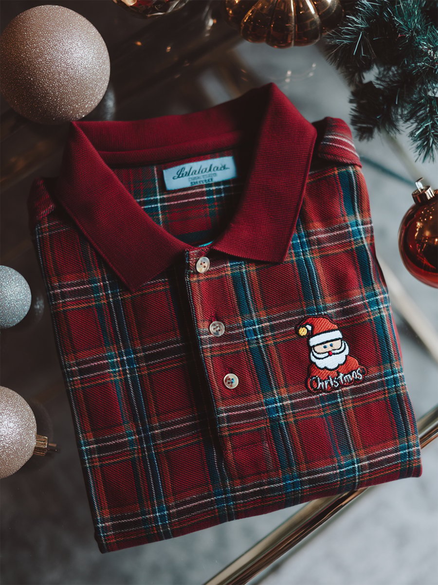 Camisa polo Christmas a cuadros de manga larga para hombre