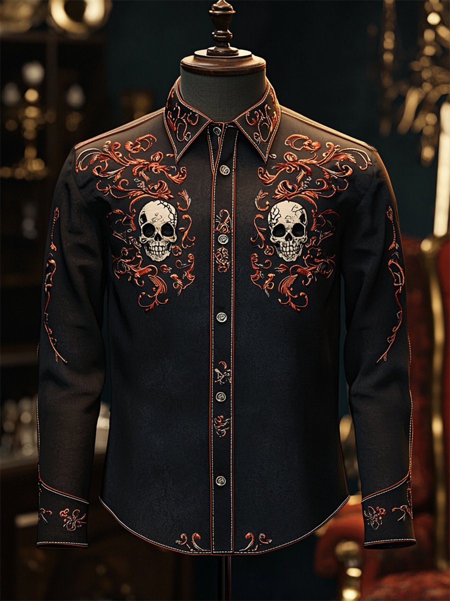 Camisa retro casual Skull estampado de manga larga para hombre