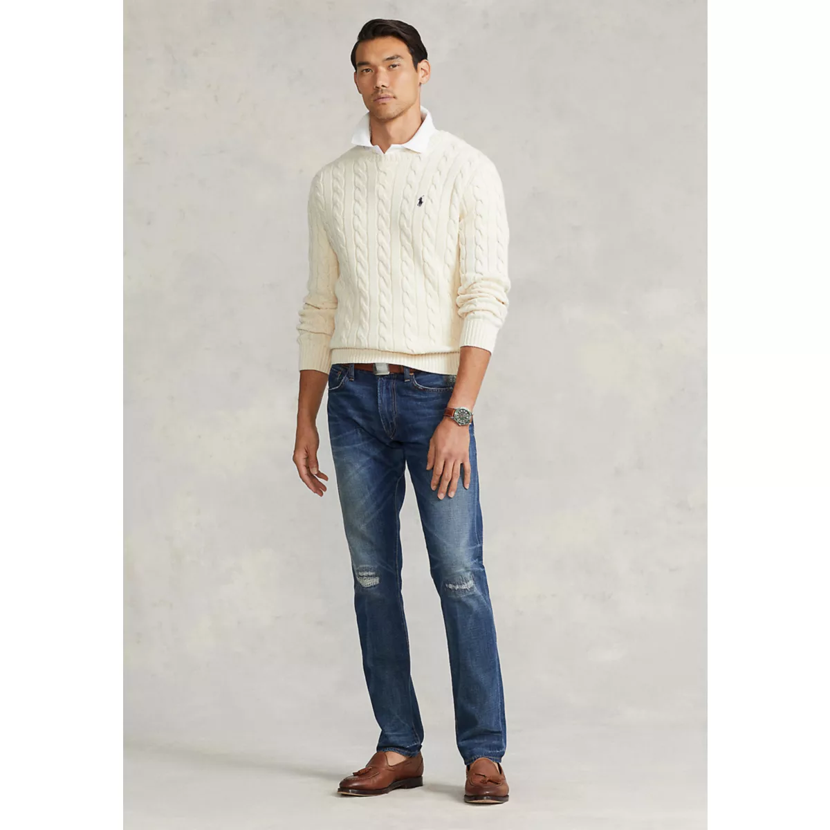 Cotton Cable Knit Driver Long Sleeve Sweater - 4
