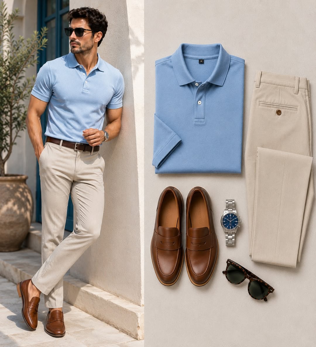 Conjunto de dos piezas casual Blue Color camisa polo & pantalón para hombre