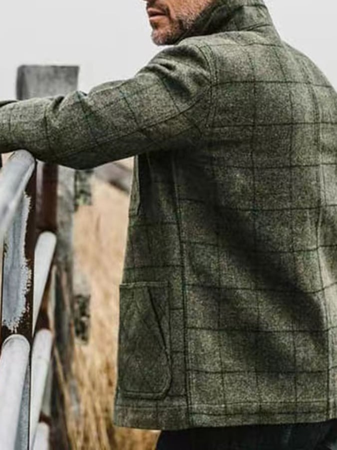 Chaqueta retro a cuadros para exterior bolsillo solapa de manga larga para hombre