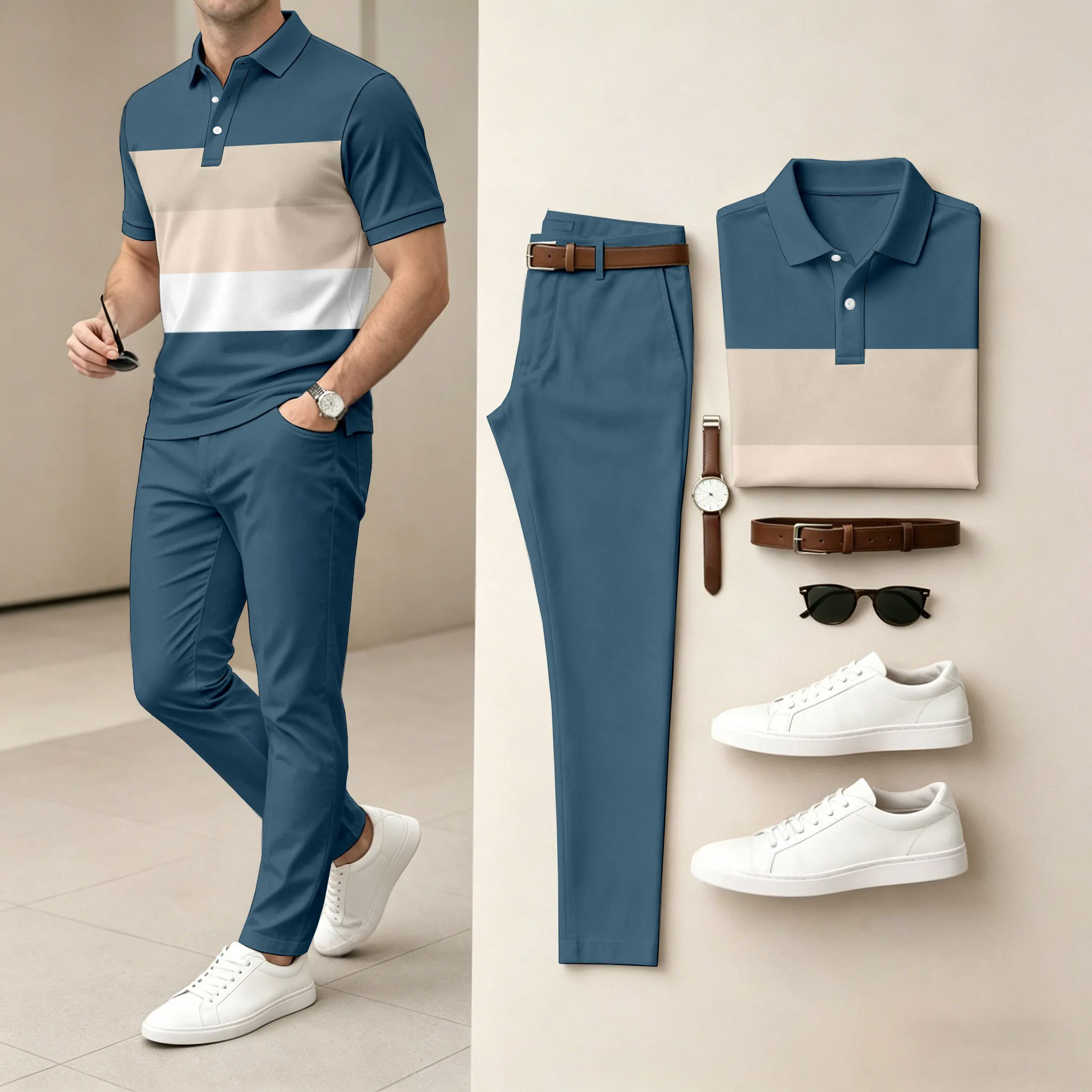 Conjunto de dos piezas Green Geometry casual estampado camisa polo And pantalón para hombre