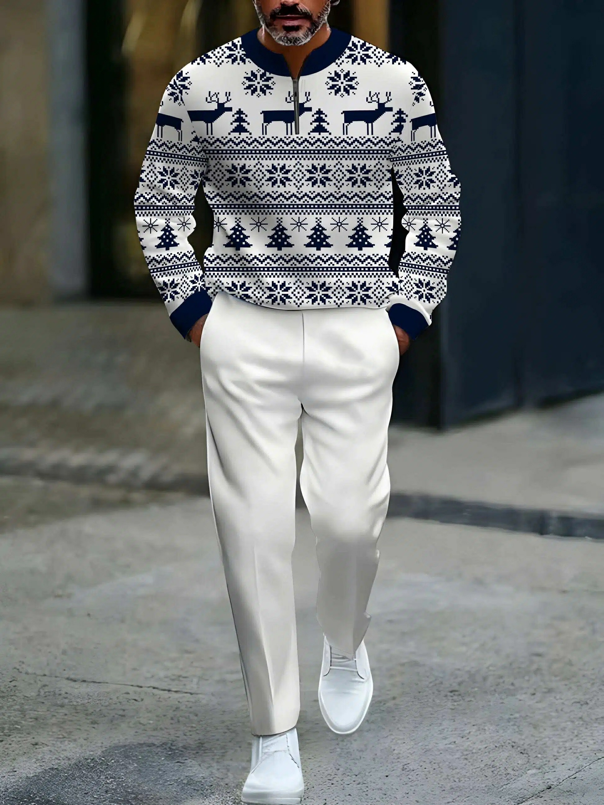 Conjunto de dos piezas casual Navy & White Color Matching Christmas estampado Round-Neck Zipper de manga larga sudadera & Trousers para hombre