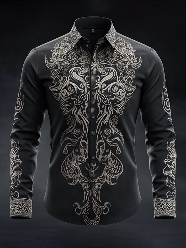Camisa para exterior vintage Viking estampado de manga larga para hombre