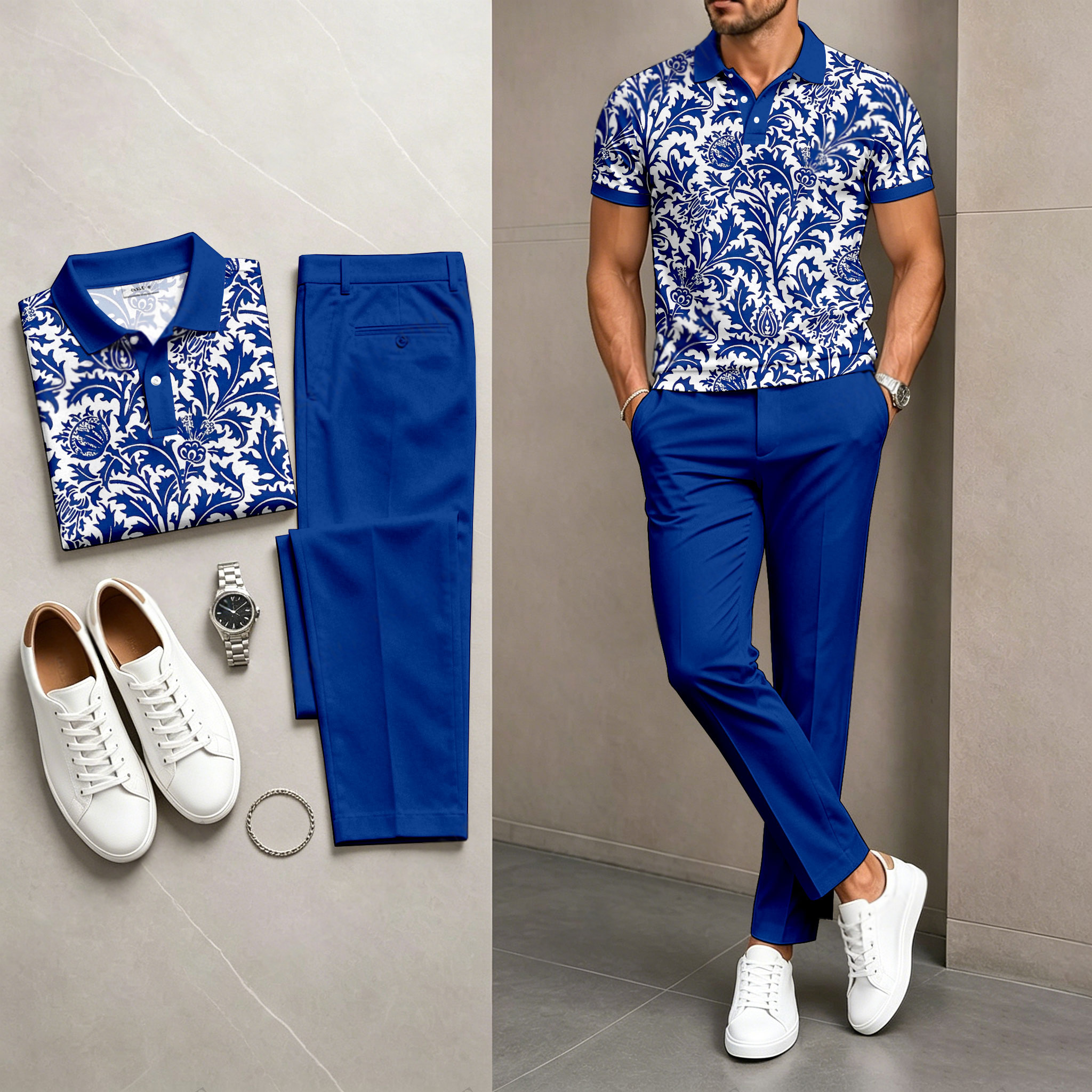 Conjunto de dos piezas casual Royal Blue estampado camisa polo And pantalón para hombre