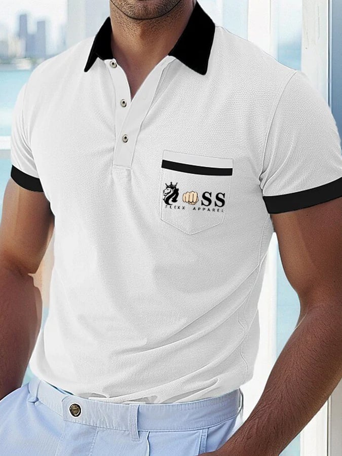 Camisa polo casual Comfortable transpirable retro Letter estampado with bolsillos para hombre