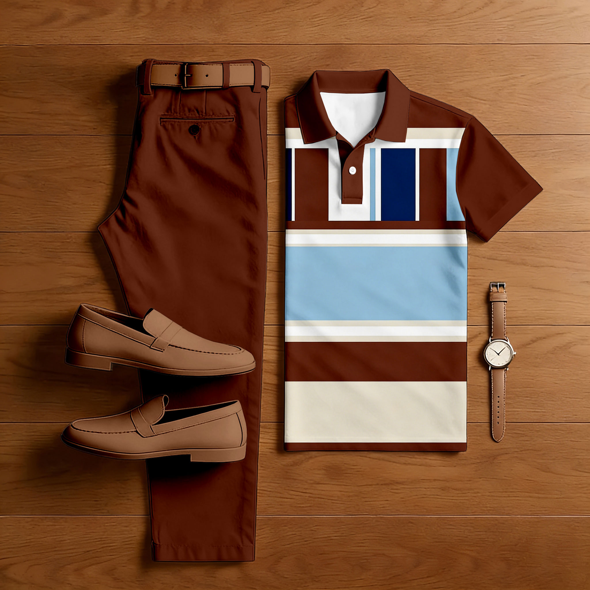 Conjunto de dos piezas casual Maroon & Blue Color Matching Geometric estampado de manga corta camisa polo & Trousers para hombre