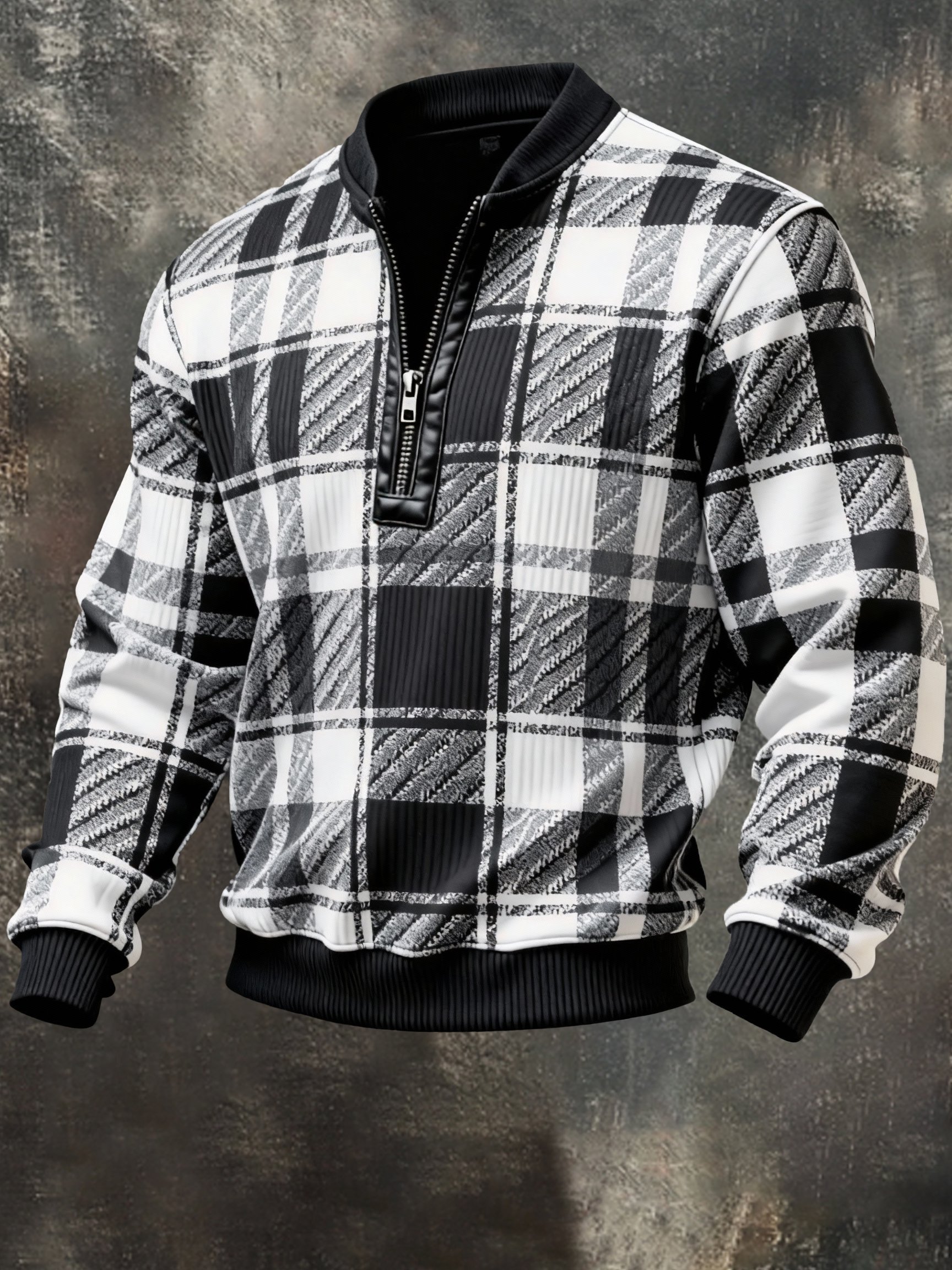Sudadera casual retro Contrast Color Half Zip Stand cuello de manga larga para hombre