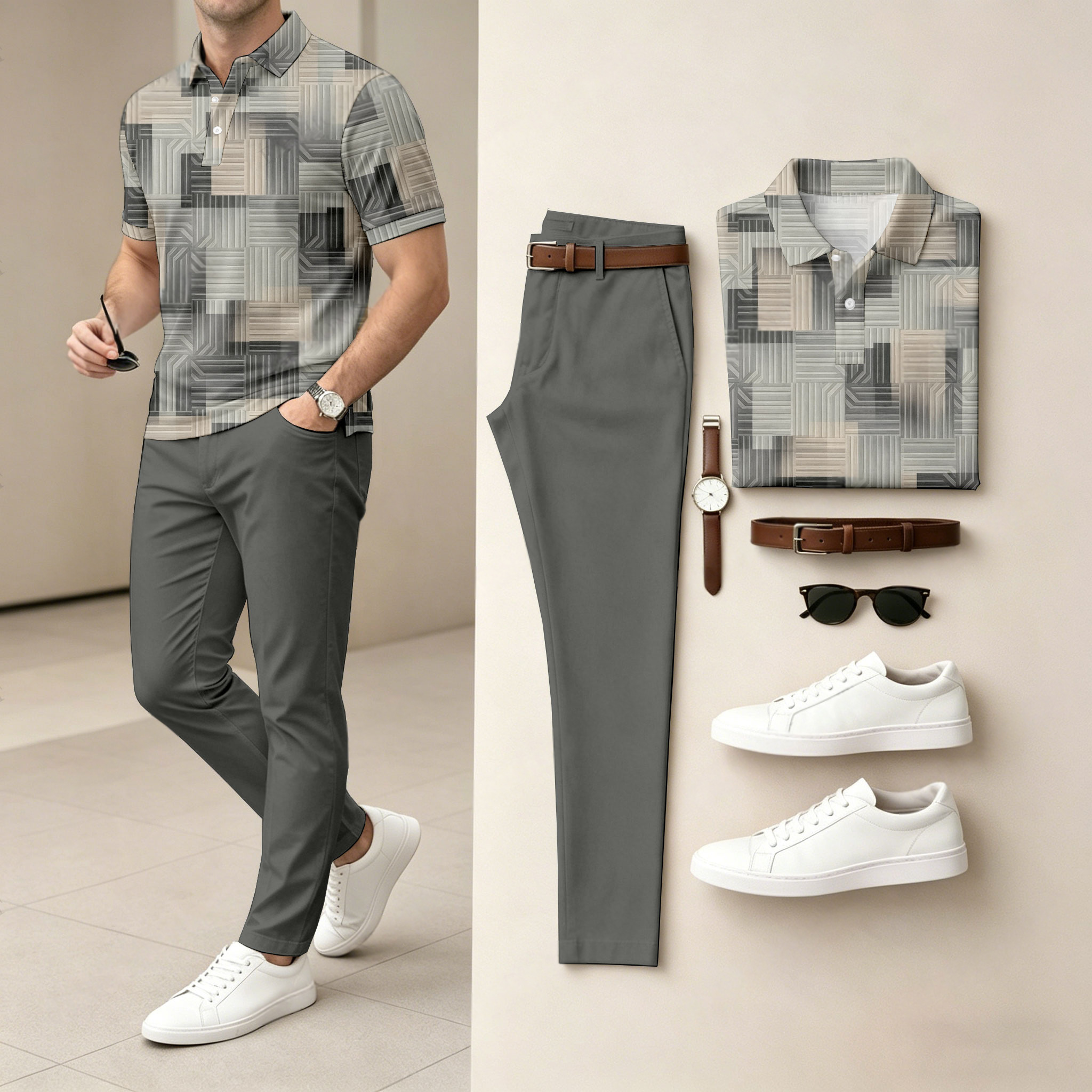 Conjunto de dos piezas casual Gray Geometry estampado camisa polo And pantalón para hombre