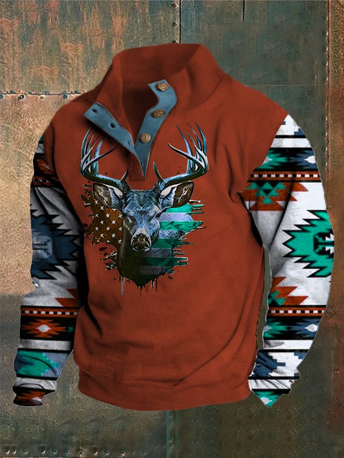Sudadera Western Style estampado Stand cuello Button para hombre