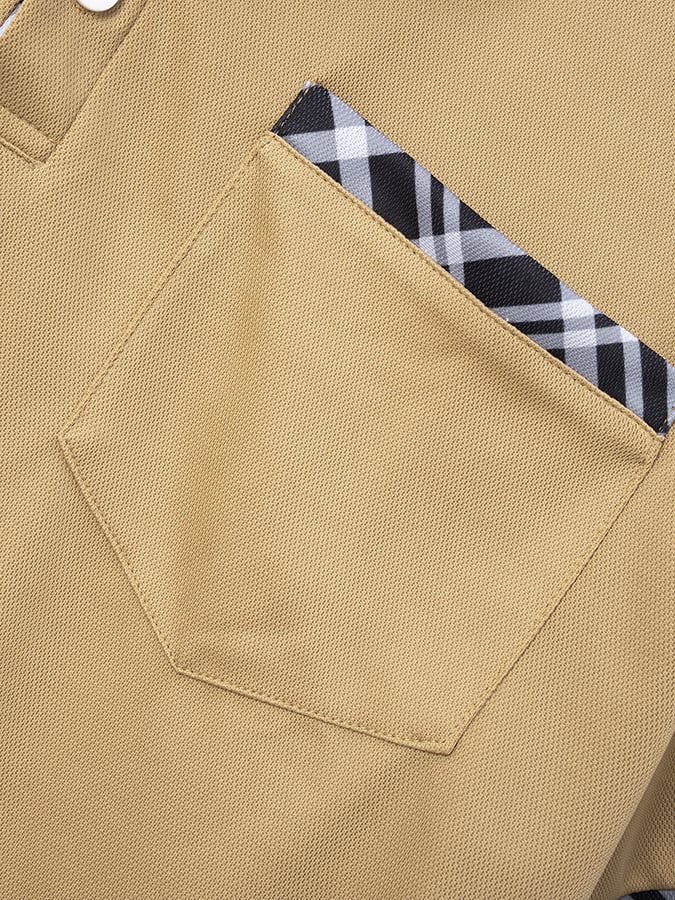 Camisa polo retro a cuadros stitching de moda casual (with bolsillos) para hombre