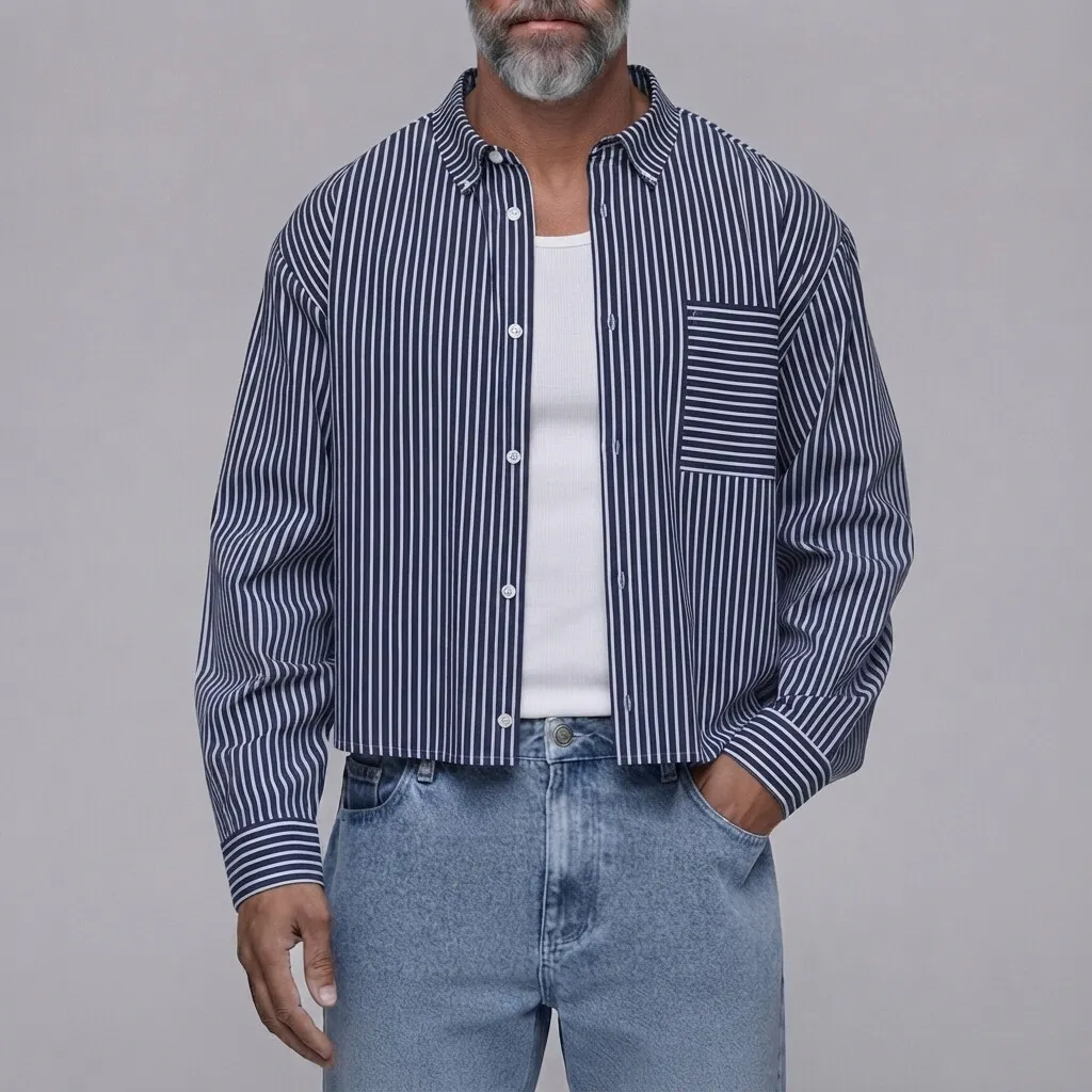 Camisa clásico a rayas estampado Chest Pocket con botones de manga larga para hombre