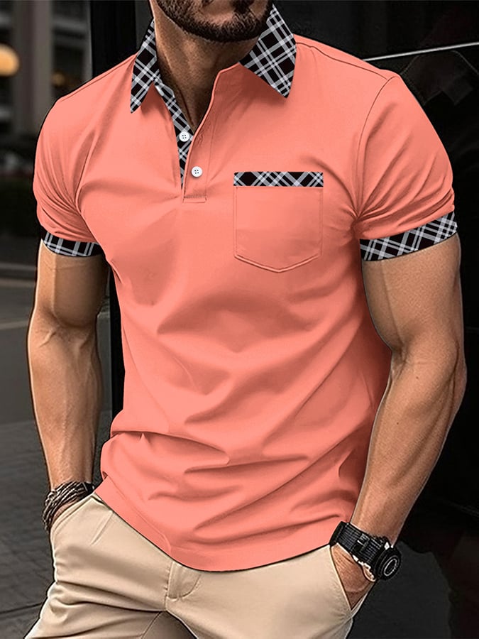 Camisa polo retro a cuadros stitching de moda casual (with bolsillos) para hombre