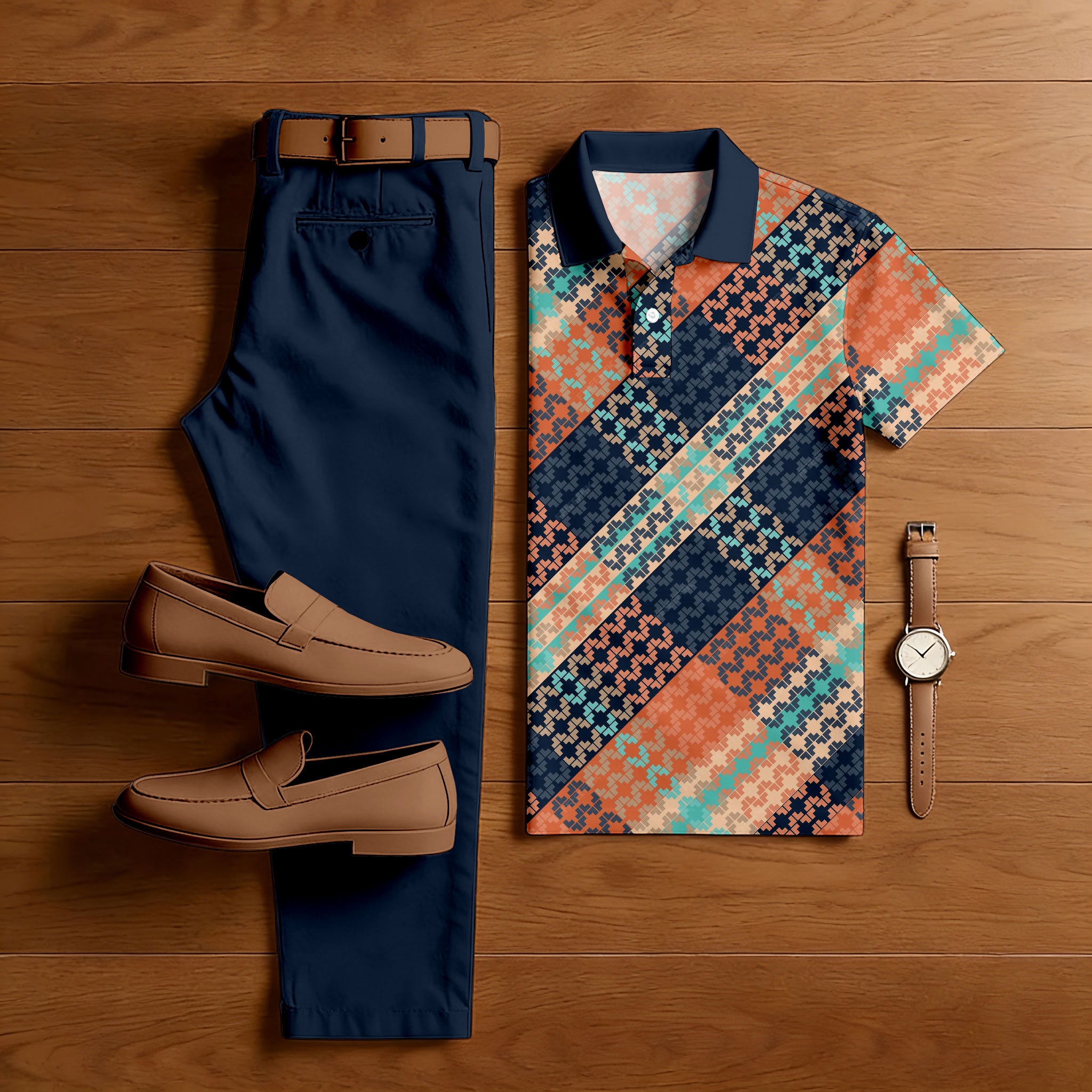 Conjunto de dos piezas casual Navy Blue & Multi Color Matching Checkered estampado de manga corta camisa polo & Trousers para hombre