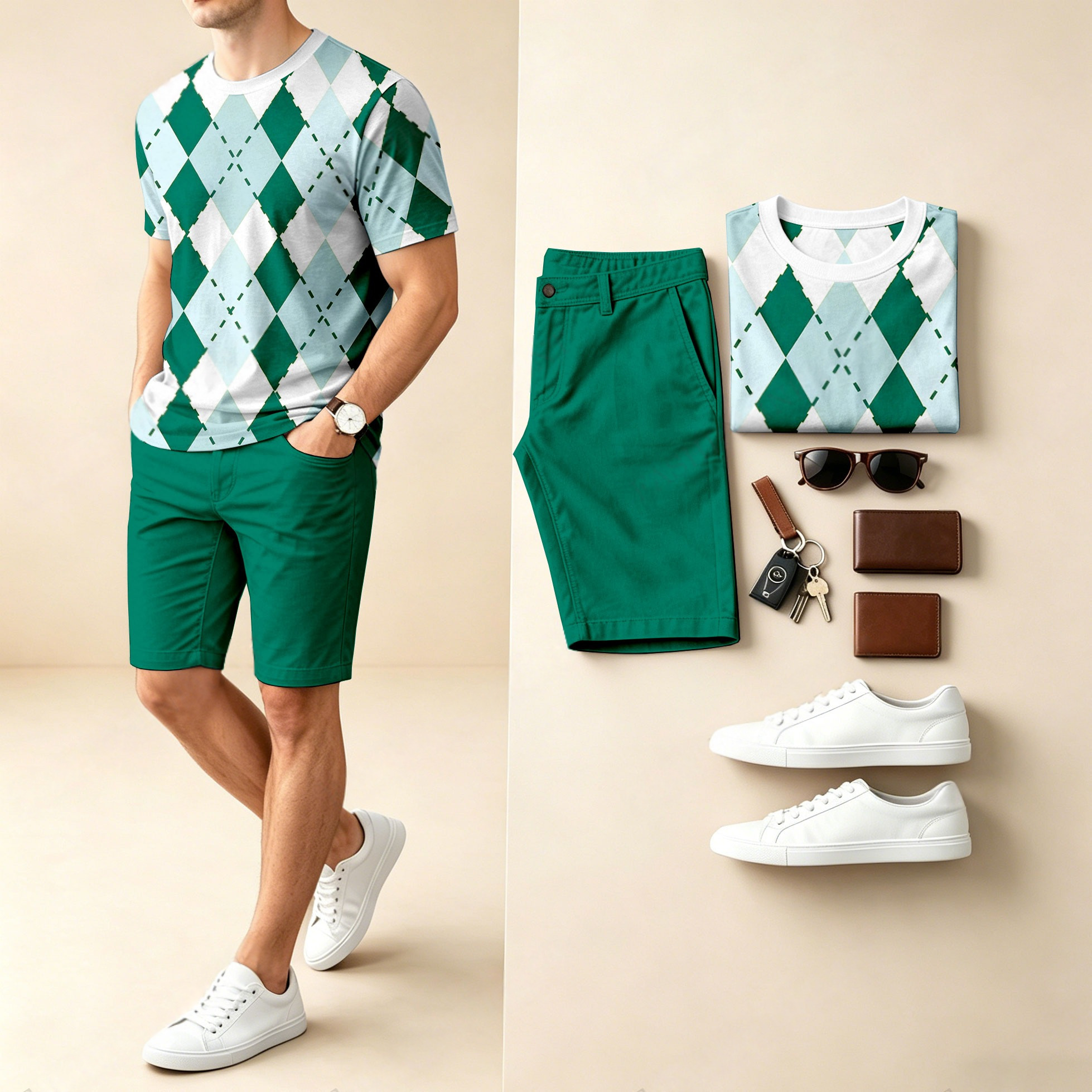 Conjunto de dos piezas casual Checkered estampado Round-Neck de manga corta camiseta And shorts para hombre