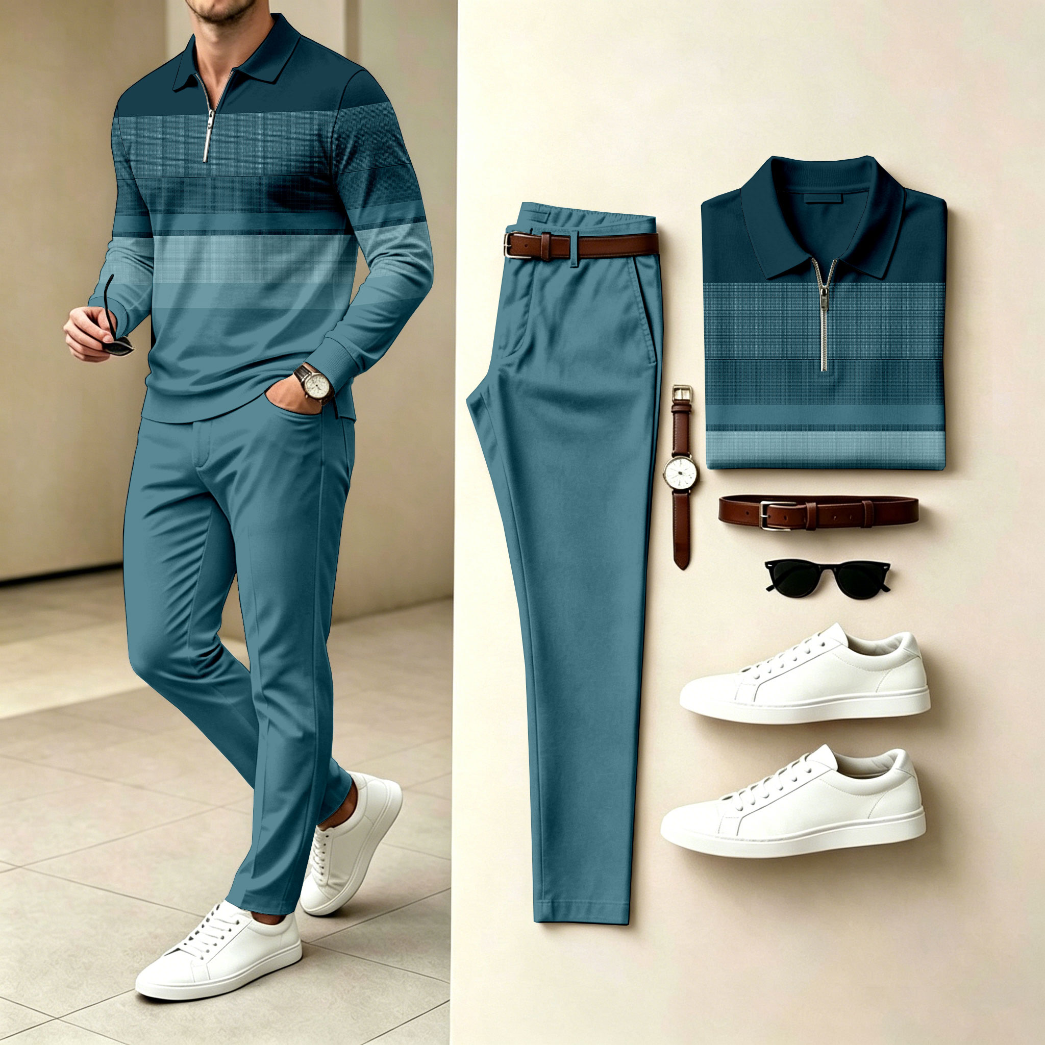 Conjunto de dos piezas a rayas Polo-Collar Zipper de manga larga camisa and pantalón para hombre